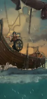 Viking warrior sailing stormy seas on traditional ship.