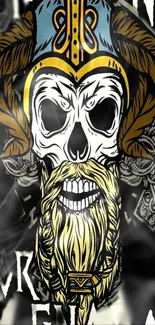 Viking-themed skull design with Norse details in vibrant colors.