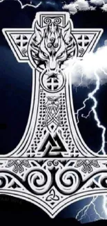 Viking Mjolnir amidst thunderstorm with lightning in dark blue tones.