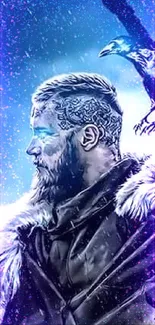 Viking warrior with raven in snowy landscape wallpaper.