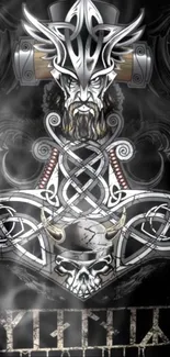 Viking warrior art with intricate Norse design and helmeted figure.