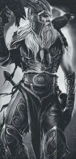 Monochrome Viking warrior artwork with intricate armor details.