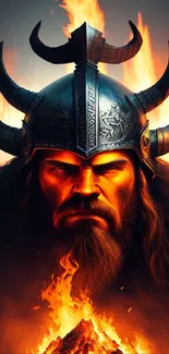 Viking warrior with fiery flames background, showcasing epic strength and mythology.