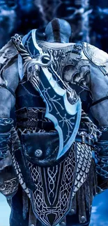 Epic Viking warrior in icy armor and mystical setting.