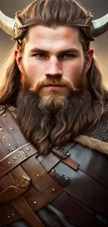 Viking warrior with horned helmet and armor.