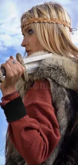 Viking warrior with sword and fur cloak under blue sky.