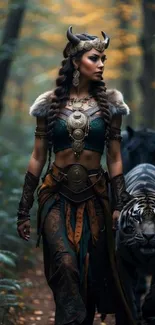 Viking warrior with tiger in a mystical forest setting, perfect for fantasy fans.