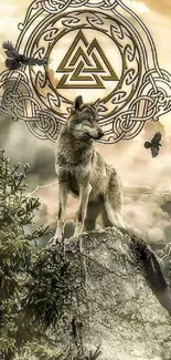 Viking wolf art with intricate symbols and nature theme.