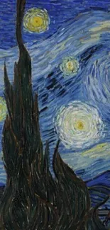 The Starry Night by Vincent van Gogh with swirling blue skies and bright stars.