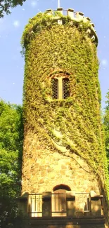 Vine-covered stone tower with lush greenery.