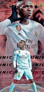 Vinicius Jr. with Real Madrid emblem in vibrant wallpaper.