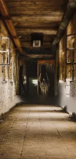 Vintage abandoned corridor with rustic tones and moody lighting.