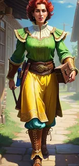 Vintage adventurer in sunny village street with vibrant attire.