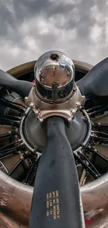 Close-up view of an aircraft propeller engine with cloudy sky backdrop.