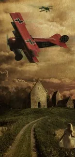 Vintage scene with red biplane over countryside.