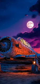Vintage airplane under a moonlit sky