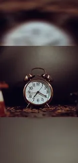 Vintage alarm clock with dark rustic background.