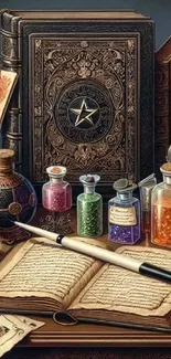 Vintage alchemy desk with ornate books and colorful potion bottles.