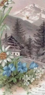 Vintage wallpaper with Alpine flowers, cabin, and mountain scenery.