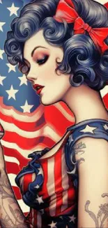 Vintage American flag art with retro style character.