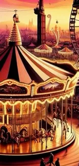 Glowing carousel at vintage amusement park during sunset.