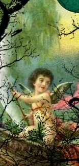 Vintage style wallpaper with angel in nature scene.