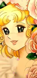 Charming vintage anime girl surrounded by roses in a floral artwork.