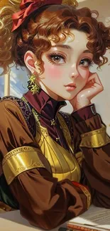 Vintage anime girl in a brown and gold outfit with a thoughtful pose.