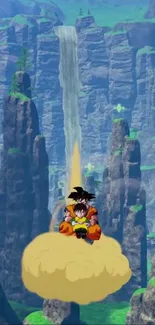 Anime character flying over mountains and waterfall.