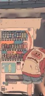 An anime character in front of a vintage vending machine in soft colors.