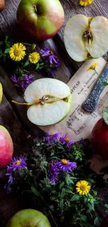 Vintage wallpaper with apples, wildflowers, and sheet music on wood.