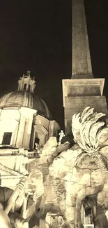 Sepia-toned vintage architecture with dome and obelisk at night.