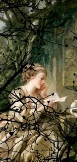 Vintage art wallpaper of woman reading in nature.