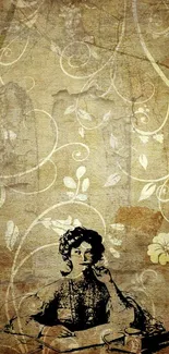 Vintage wallpaper with floral design and pondering figure.