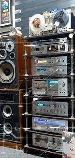 Vintage audio equipment with classic speakers and music setup.