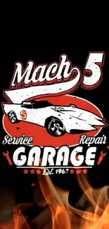 Vintage Mach 5 garage-themed mobile wallpaper.