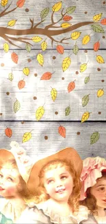 Vintage wallpaper with children and autumn leaves on wooden background.