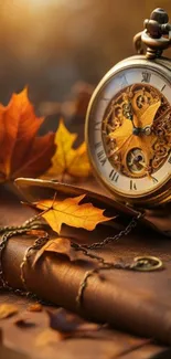 Vintage clock with autumn leaves background