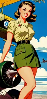 Vintage aviation-themed wallpaper with a retro style woman and classic aircraft.