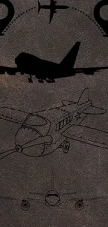 Vintage aviation wallpaper with airplane illustrations and navigation icons.