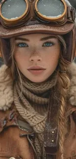 Young woman in vintage aviator gear with goggles and a warm coat.