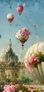 Vintage hot air balloons over historic cityscape in artistic fantasy style.