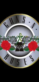 Vintage rock band logo with red roses on black background.