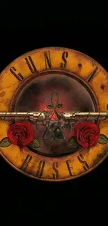 Vintage band logo with roses on dark background.