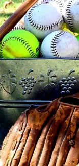 Vintage glove and bucket with baseballs and softballs on green grass.