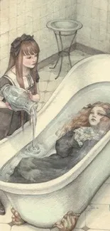 Vintage art of girls in a bathtub, Victorian style, serene atmosphere.