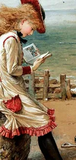 Vintage girl reading on beach illustration wallpaper.