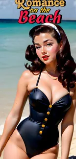 Vintage pin-up girl on the beach, wearing a black swimsuit.