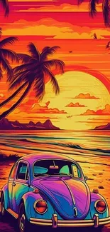 Vintage car parked on a tropical beach during a vibrant sunset.