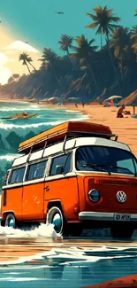 Orange vintage van on sunny beach with palm trees and ocean waves.